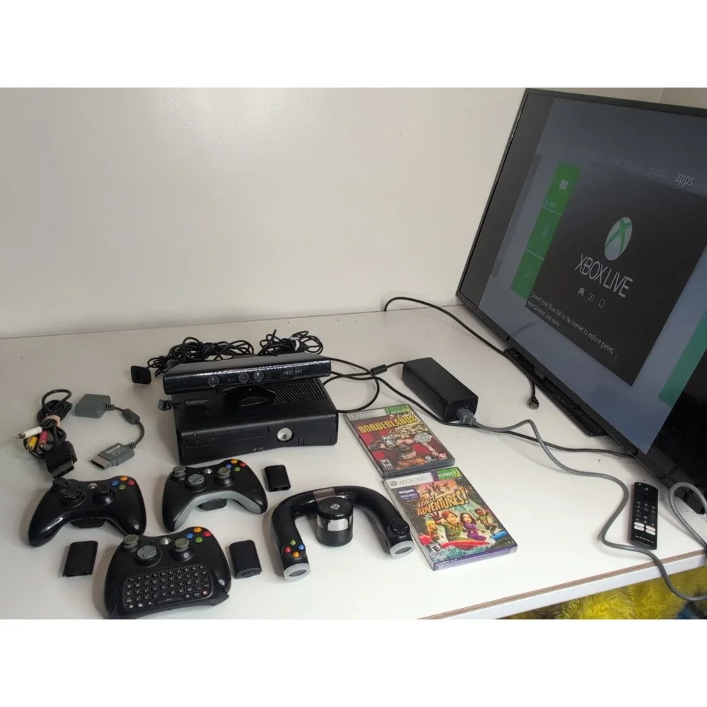 Xbox 360 Slim 4GB Console w/ 2 Game Bundle Steering Wheel 3 Controllers Cords